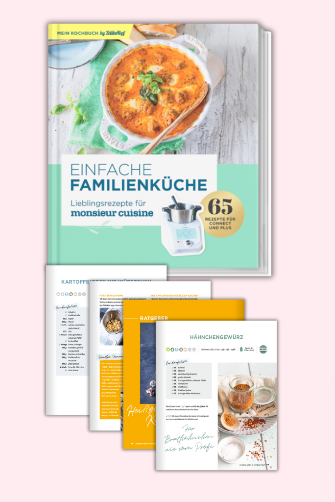 Das Cover des Buches: „„Einfache Familienküche – Lieblingsrezepte für Monsieur Cuisine” und vier Beispielseiten, eine davon mit einem Hähnchengewürz-Rezept.