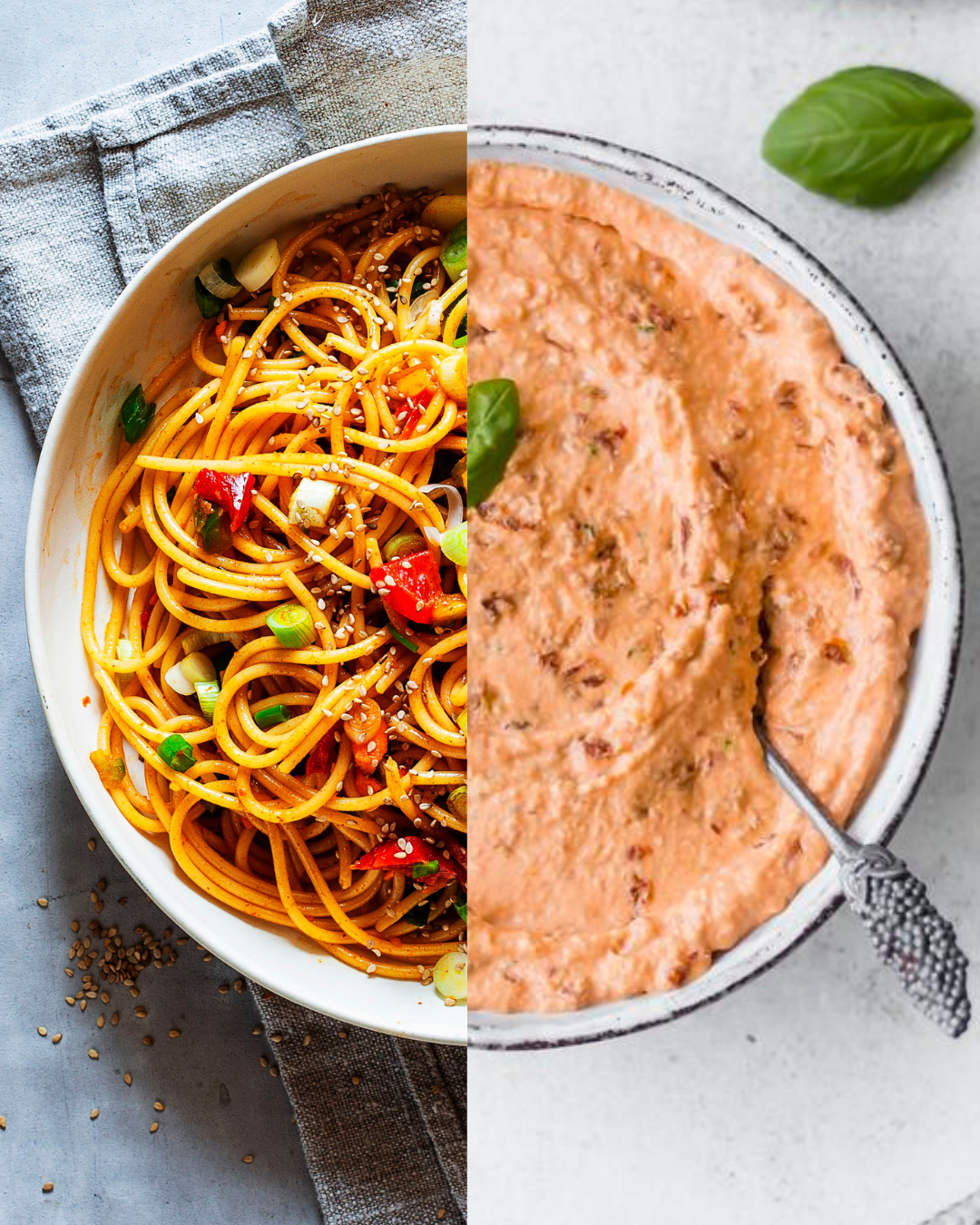 Spaghettisalat und Mozzarelladip, je zur Hälfte gezeigt